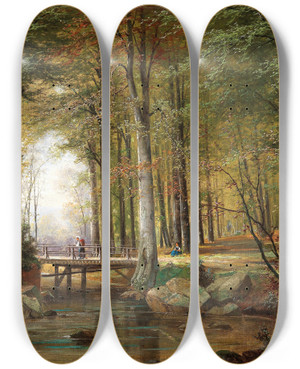 Triptych art skateboard deck of Jacobus Johannes Van Poorten A Wooded Landscape With A Creek And A Bridge by Jacobus Johannes Van Poorten (1841-1914)