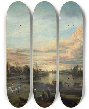 Triptych art skateboard deck of Aert Van Der Neer Landscape At Sunset by Aert van der Neer (1603-1677)