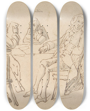 Triptych art skateboard deck of Horace Vernet Four Artists Seated At A Table Brunet Potier Tiercetin Vernet by Horace Vernet (1789-1863)
