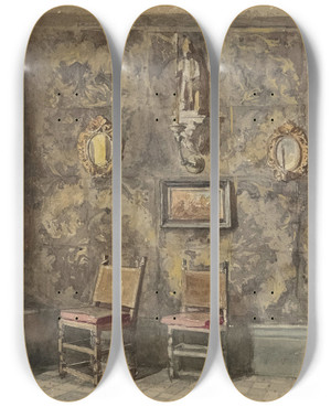 Triptych art skateboard deck of Hendrik Adriaan Christiaan Dekker Interieur Van Het Oude Brouwershuis Te Antwerpen by Hendrik Adriaan Christiaan Dekker (1836-1905)