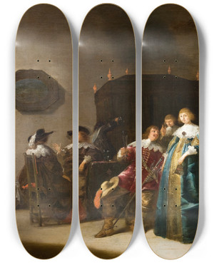 Triptych art skateboard deck of Anthonie Palamedesz A Merry Company by Anthonie Palamedesz (1601-1673)