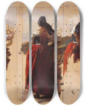 Triptych art skateboard deck of Hans Gude Studies Of A Woman From Rgen by Hans Gude (1825-1903)