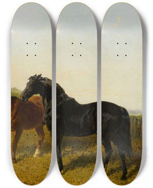 Triptych art skateboard deck of John Frederick Herring Jr Horses And Chickens_2 by John Frederick Herring Jr (1820-1907)
