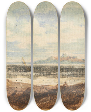 Triptych art skateboard deck of John Varley View Of Rugged Coastline Bamburgh Northumberland by John Varley (1778-1842)