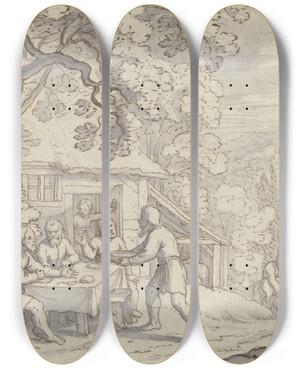 Triptych art skateboard deck of Matthus Merian The Elder Abraham Bewirtet Die Drei Engel Unter Einem Baum Vor Seinem Haus by Matthus Merian the elder (1593-1650)