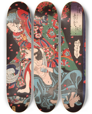 Triptych art skateboard deck of Tsukioka Yoshitoshi Seigen And Sakurahime Angel With Two Children by Tsukioka Yoshitoshi (1839-1892)