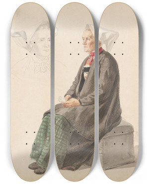 Triptych art skateboard deck of Adolph Tidemand Jente I Hverdagsdrakt Voss Kvinnehode Guro Vossebakken by Adolph Tidemand (1814-1876)