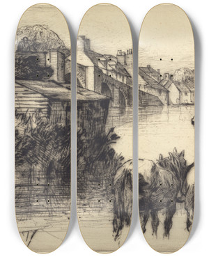 Triptych art skateboard deck of Francis Seymour Haden Wareham Bridge by Francis Seymour Haden (1818-1910)