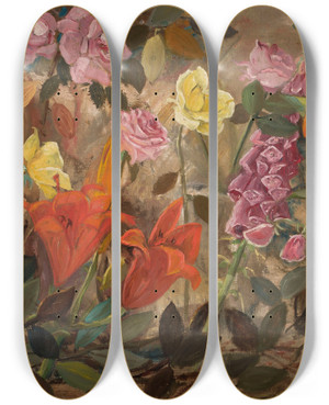 Triptych art skateboard deck of Tadeusz Makowski Flowers In A Garden by Tadeusz Makowski (1882-1932)
