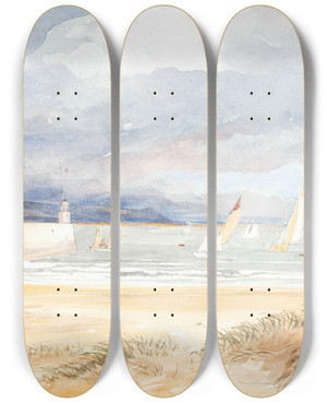 Triptych art skateboard deck of Rev James Bulwer Shore Scene With Sailboats by Rev James Bulwer (1794-1879)