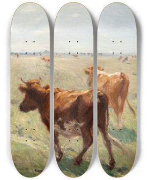 Triptych art skateboard deck of Theodor Philipsen Cows Out To Graze by Theodor Philipsen (1840-1920)