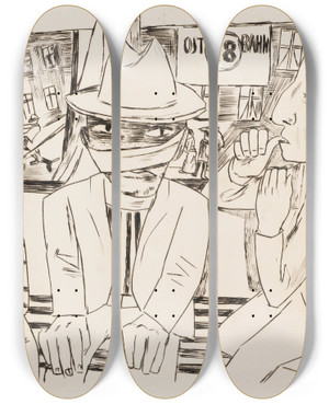 Triptych art skateboard deck of Max Beckmann In Der Trambahn by Max Beckmann (1884-1950)