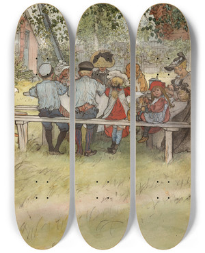 Triptych art skateboard deck of Carl Larsson Breakfast Under The Big Birch by Carl Larsson (1853-1919)