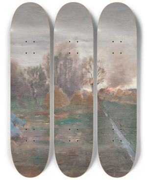 Triptych art skateboard deck of Anton Nowak Landschaft Mit Brennendem Gehft by Anton Nowak (1865-1932)