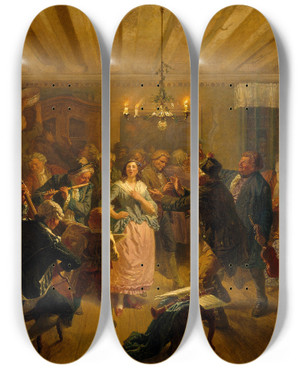 Triptych art skateboard deck of Wilhelm Wallander The Concert At Tre Byttor by Wilhelm Wallander (1821-1888)