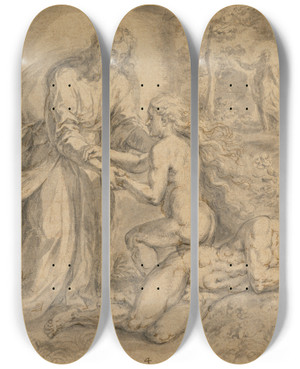 Triptych art skateboard deck of Crispijn Van Den Broeck Creation Of Eve by Crispijn Van Den Broeck (1523-1591)