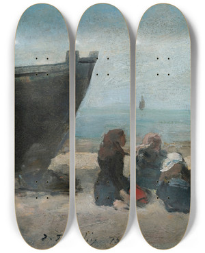 Triptych art skateboard deck of Eugne Boudin Berck Pcheuses Guettant Le Retour Des Barques by Eugene Boudin (1824-1898)
