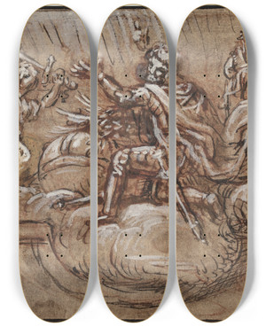 Triptych art skateboard deck of Pierre Mignard Udkast Til Loftsdekoration_2 by Pierre Mignard (1612-1695)