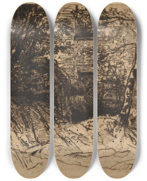 Triptych art skateboard deck of Francis Seymour Haden The Millwheel by Francis Seymour Haden (1818-1910)