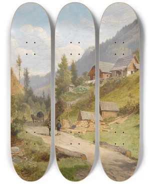 Triptych art skateboard deck of Leopold Munsch Landschaft In Niedersterreich by Leopold Munsch (1826-1888)