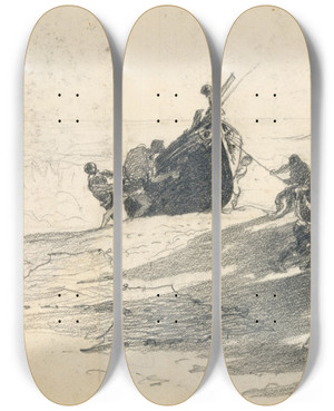 Triptych art skateboard deck of John Singer Sargent Men Hauling Lifeboat Onto Beach by John Singer Sargent (1856-1925)