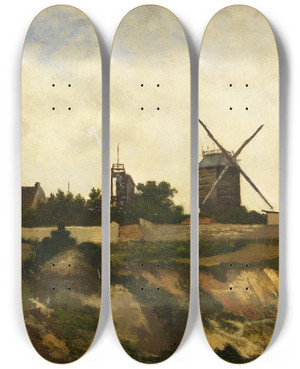 Triptych art skateboard deck of Leon Richet Les Moulins De Montmartre by Leon Richet (1847-1902)
