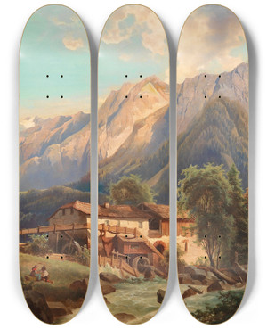 Triptych art skateboard deck of Josef Thoma Mhle Im Gebirge_1 by Josef Thoma (1828-1899)