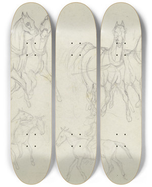 Triptych art skateboard deck of August Lucas Study Of Horses At A Trot by August Lucas (1803-1863)