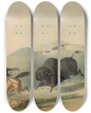 Triptych art skateboard deck of George Catlin Buffalo Hunt Chasing Back by George Catlin (1796-1872) Triptych art skateboard deck of George Catlin Buffalo Hunt Chasing Back by George Catlin (1796-1872)