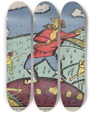 Triptych art skateboard deck of Kazimir Malevich What A Boom What A Blast There Was From The Germans At Lomza by Kazimir Malevich (1879-1935)