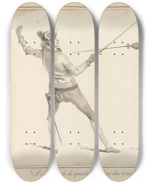 Triptych art skateboard deck of James Gwin De La Parade De Quarte Au Dehors Des Armes Sur Le Coup De Quarte Hors Des Armes by James Gwin (1720-1769)