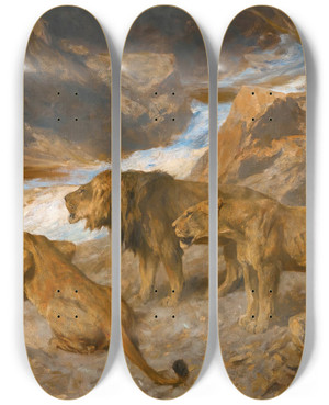 Triptych art skateboard deck of Arthur Wardle Lions By A Stream by Arthur Wardle (1864-1949)