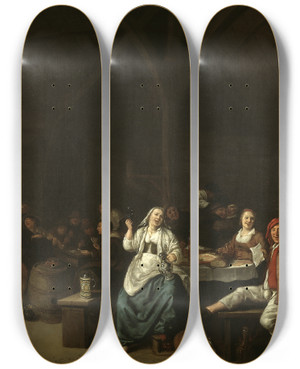 Triptych art skateboard deck of Jan Miense Molenaer Drinking Bout In An Inn by Jan Miense Molenaer (1610-1668)