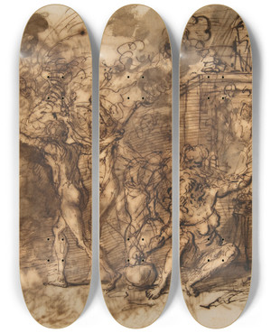 Triptych art skateboard deck of Salvator Rosa Witches Sabbath_1 by Salvator Rosa (1615-1673)