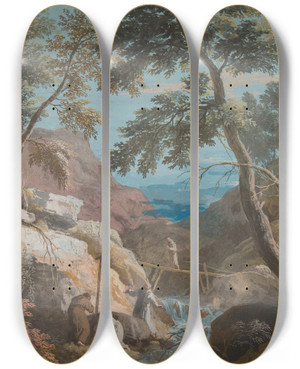 Triptych art skateboard deck of Marco Ricci Mountainous Landscape With Hermits by Marco Ricci (1676-1729)