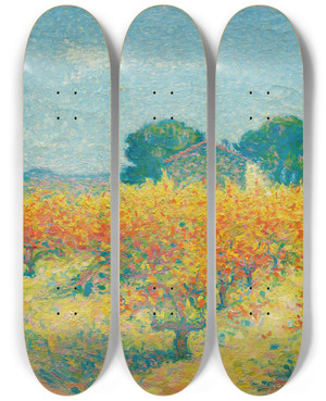 Triptych art skateboard deck of Achille Laug Notredamedesprs Prs De Cailhau Aude by Achille Lauge (1861-1944)