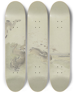 Triptych art skateboard deck of Friedrich Wilhelm Keyl Drei Hasen Erschrecken Vor Der Eisenbahn by Friedrich Wilhelm Keyl (1823-1871)