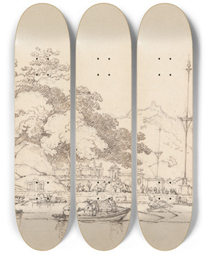 Triptych art skateboard deck of George Chinnery Lap House Inner Harbor Macao by George Chinnery (1774-1852)