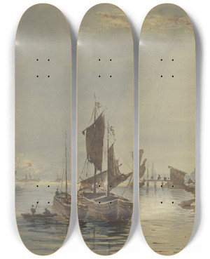 Triptych art skateboard deck of Friedrich Ernst Morgenstern At The Port Of Mainz by Friedrich Ernst Morgenstern (1853-1919)