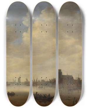 Triptych art skateboard deck of Jan Van Goyen View From Dordrecht_1 by Jan Van Goyen (1596-1656)