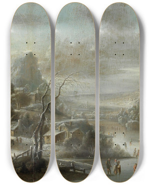 Triptych art skateboard deck of Johann Christian Vollerdt A Winter Landscape With Skaters On A Frozen River by Johann Christian Vollerdt (1708-1769)
