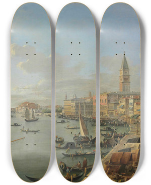 Triptych art skateboard deck of Roberto Roberti A View Of Venice With The Doges Palace Saint Marks Campanile And Santa Maria Della Salute by Roberto Roberti (1786-1837)