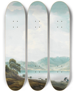 Triptych art skateboard deck of John Warwick Smith Head Of Windermere From Belle Grange Farm by John Warwick Smith (1749-1831)