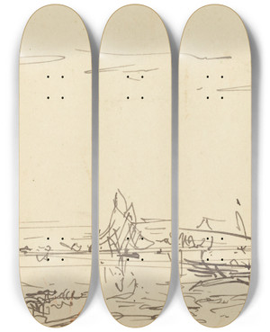 Triptych art skateboard deck of Flix Ziem A Cove With A Sailboat by Felix Ziem (1821-1911)