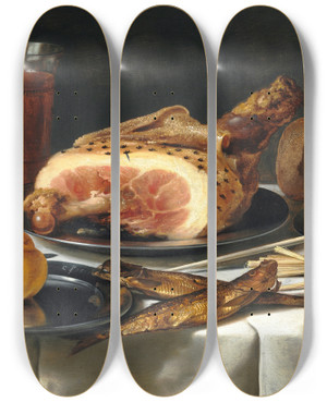Triptych art skateboard deck of Pieter Claesz Still Life With Ham_2 by Pieter Claesz (1596-1660)