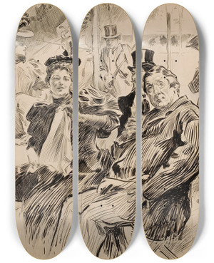 Triptych art skateboard deck of Charles Dana Gibson About Paris by Charles Dana Gibson (1867-1944)