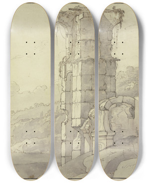 Triptych art skateboard deck of Johann Heinrich Roos Antike Ruine An Einem Bergsee Vorne Rechts Zwei Schafe by Johann Heinrich Roos (1631-1685)