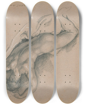 Triptych art skateboard deck of David Humbert De Superville Half Liggend Vrouwelijk Naakt Rugfiguur by David Humbert De Superville (1770-1849)