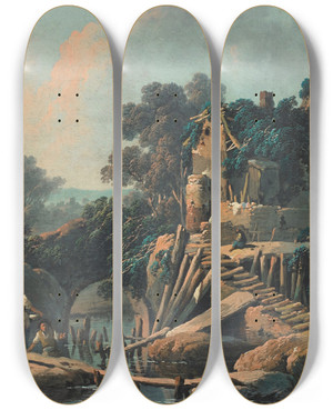 Triptych art skateboard deck of Jeanbaptiste Pillement La Vielle Ferme Pastoral Landscape by Jean-Baptiste Pillement (1728-1808)