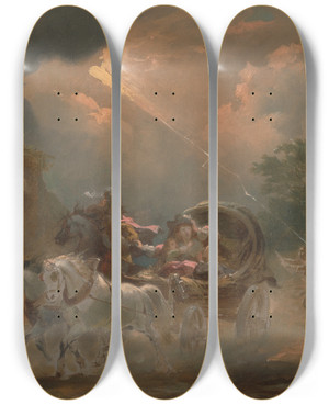 Triptych art skateboard deck of Philip James De Loutherbourg Coach In A Thunderstorm by Philip James De Loutherbourg (1740-1812)